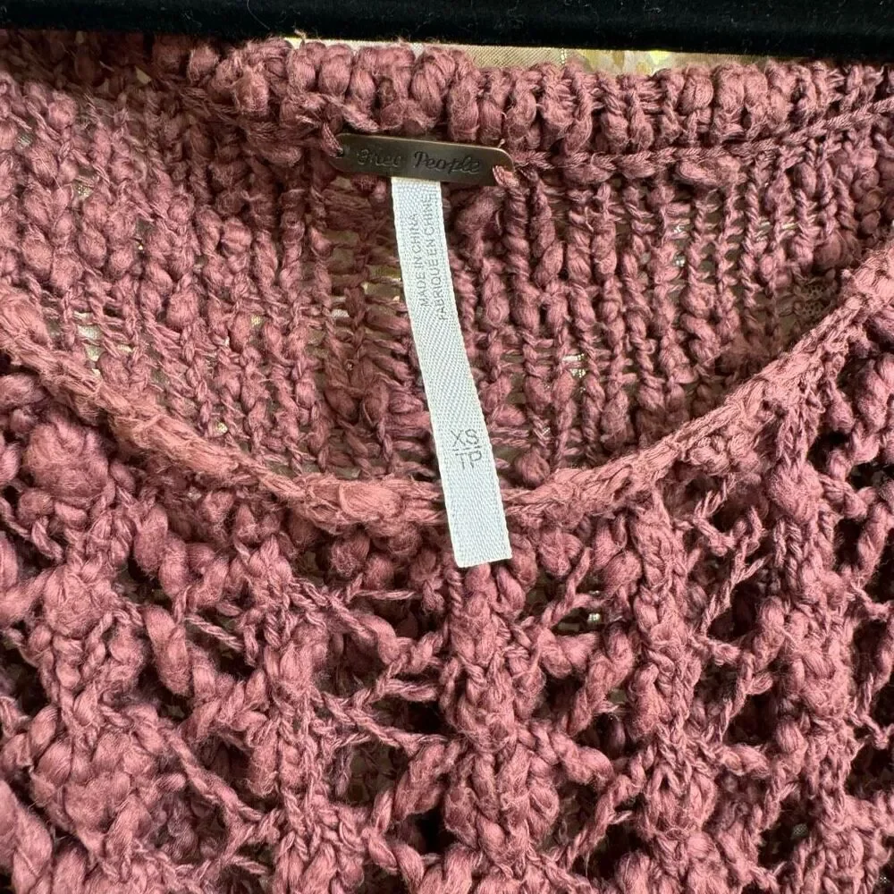 Free People Maroon Boho Chunky Open Knit Bell Sleeve‎ Sweater Oversized XS